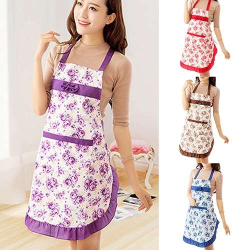 Household Rose Waterproof Kitchen Aprons Flower Cleaning Overalls(Brown)