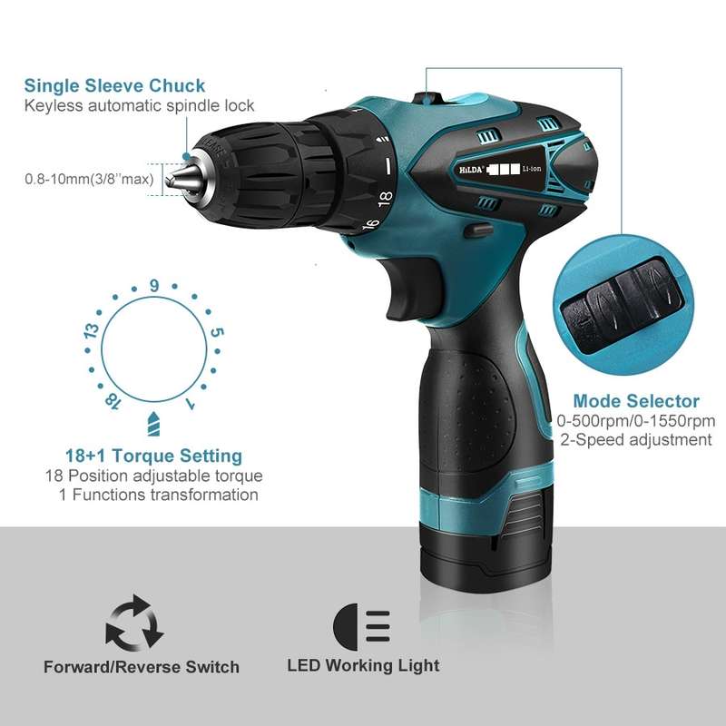 HILDA Electric Drill Cordless Screwdriver Lithium Battery Mini Drill Cordless Screwdriver Power Tool