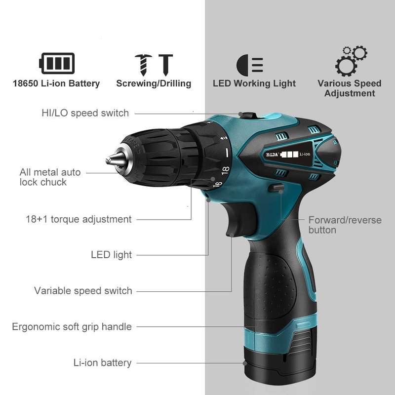 HILDA Electric Drill Cordless Screwdriver Lithium Battery Mini Drill Cordless Screwdriver Power Tool
