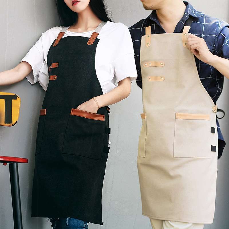 Washed Canvas Apron Chef Cafe Shop BBQ Hairdresser Aprons(Black)