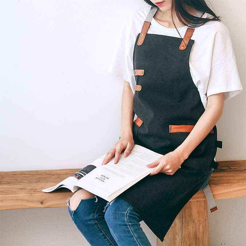 Washed Canvas Apron Chef Cafe Shop BBQ Hairdresser Aprons(Black)