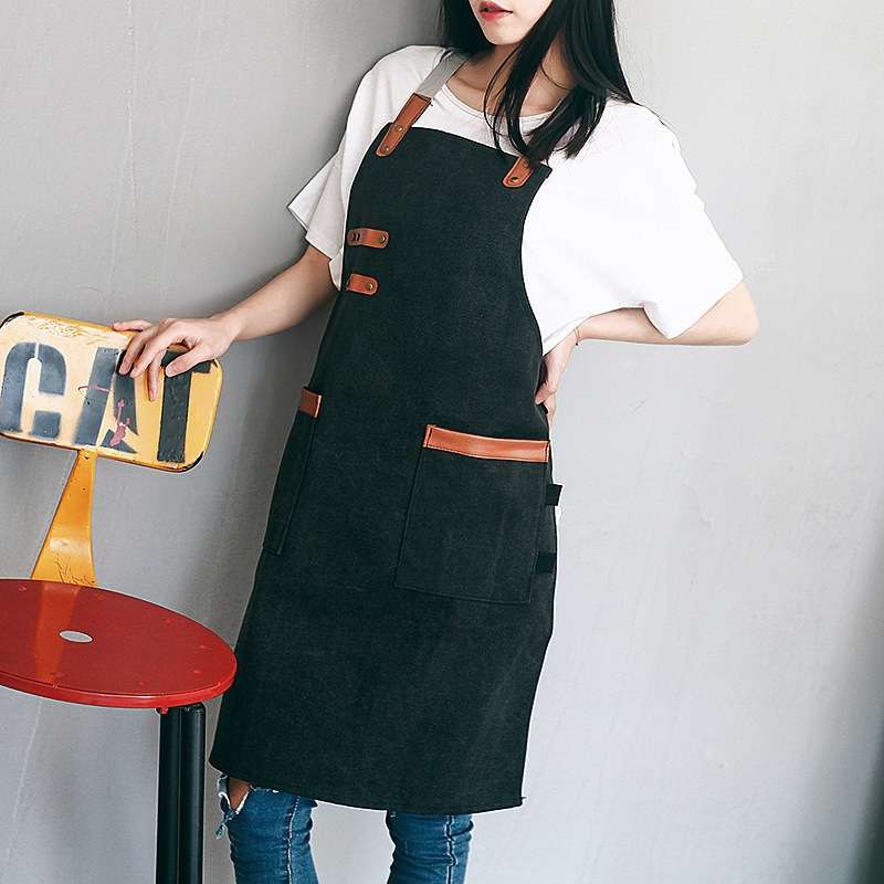 Washed Canvas Apron Chef Cafe Shop BBQ Hairdresser Aprons(Black)