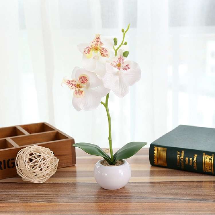 Decorative Landscaping Round Pot Three Flowers Phalaenopsis Bonsai Simulation Potted Plants(Purple)