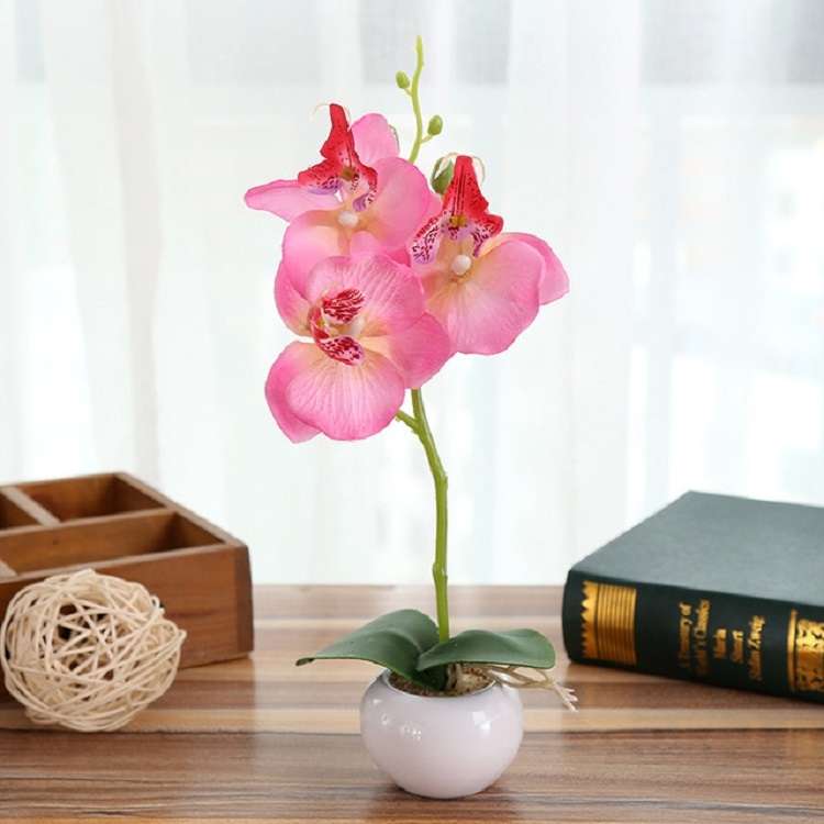 Decorative Landscaping Round Pot Three Flowers Phalaenopsis Bonsai Simulation Potted Plants(Purple)