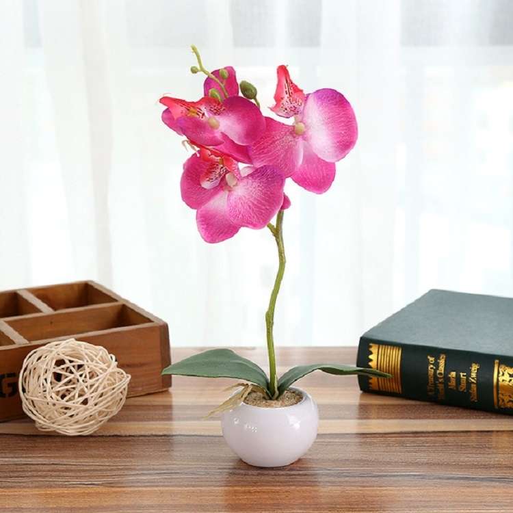 Decorative Landscaping Round Pot Three Flowers Phalaenopsis Bonsai Simulation Potted Plants(Purple)