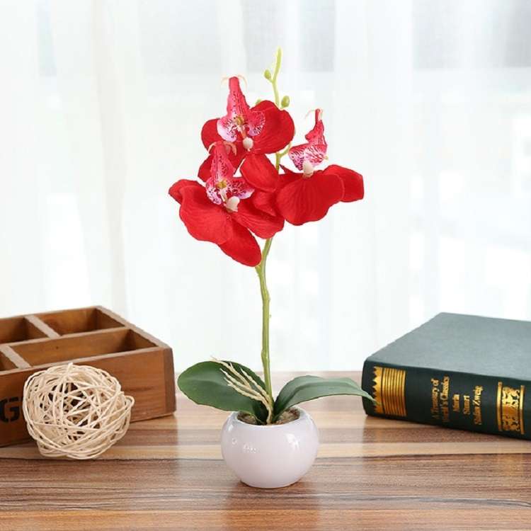 Decorative Landscaping Round Pot Three Flowers Phalaenopsis Bonsai Simulation Potted Plants(Purple)