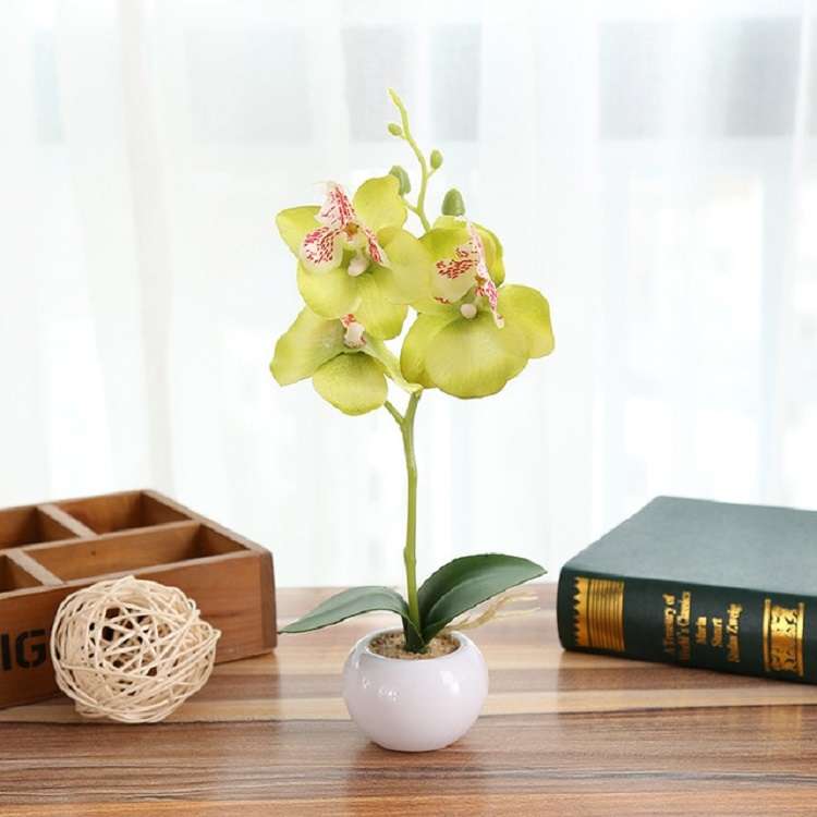Decorative Landscaping Round Pot Three Flowers Phalaenopsis Bonsai Simulation Potted Plants(Purple)