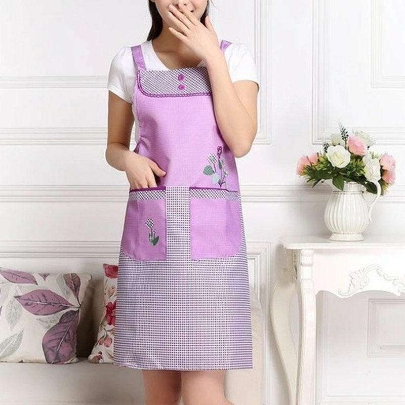 Home Adult Sleeveless Waterproof Grid Anti-oil Aprons with Double Pocket(Green)