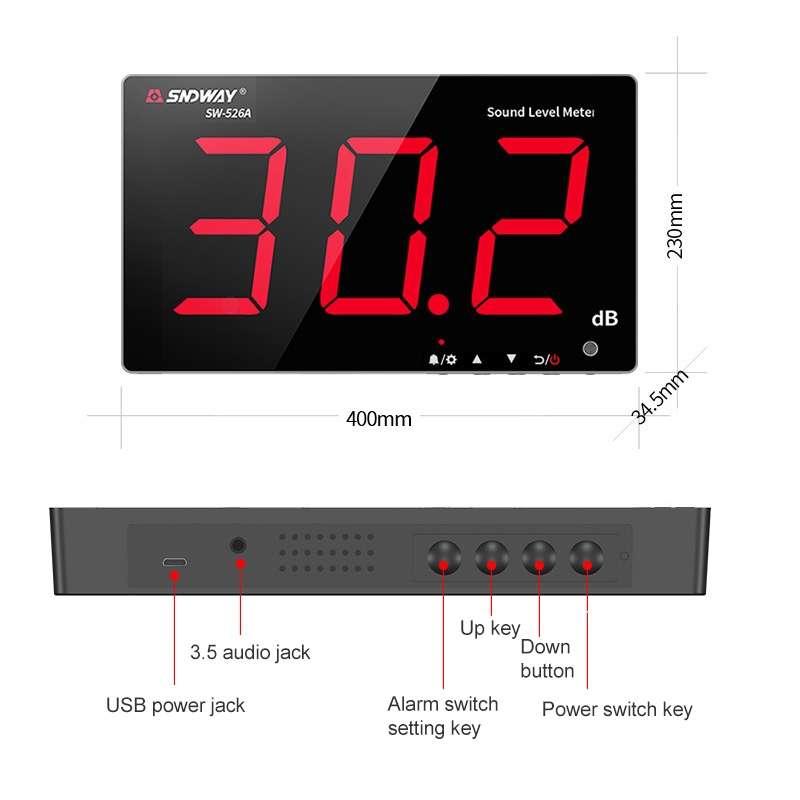 SNDWAY Wall-mounted 30~130dB Large Screen Digital Display Noise Decibel Monitoring Testers, Specific