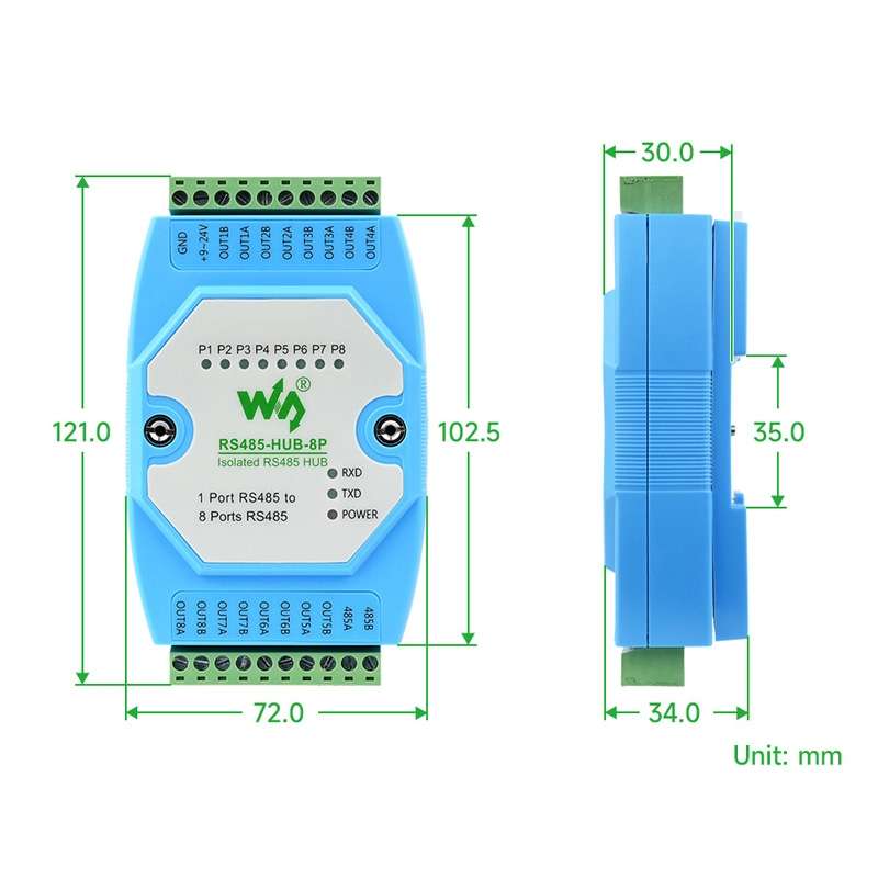 Waveshare RS485-HUB-8P Industrial-grade Isolated 8-ch RS485 Hub, Rail-mount Support, Wide Baud Rate