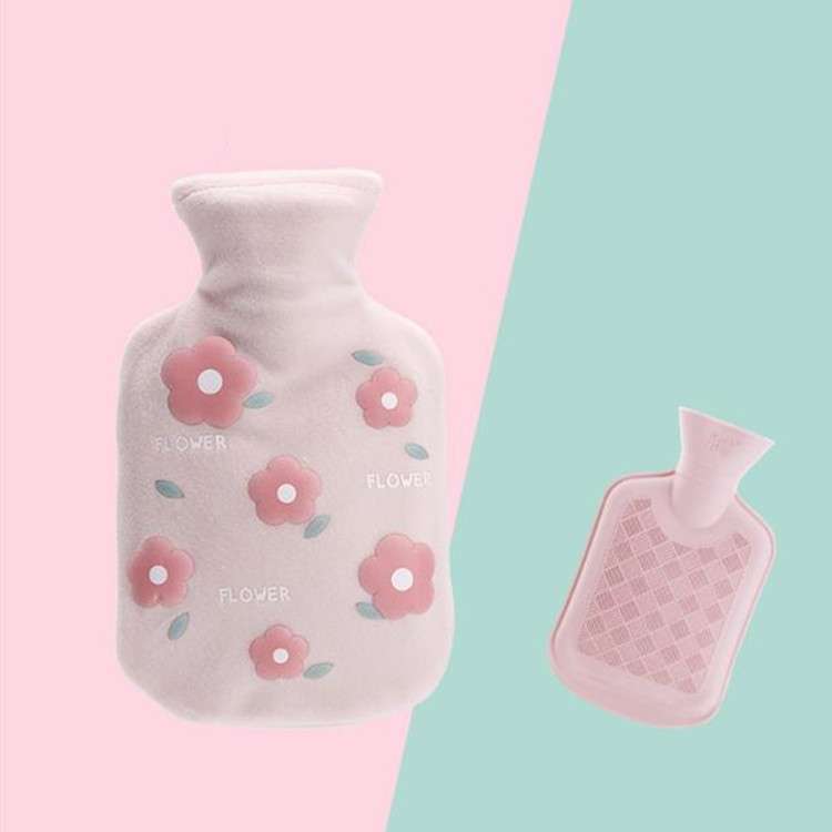 Cartoon Flowers Plush Hot Water Bottle Bag Injection Water Hand Warmer(Pink)