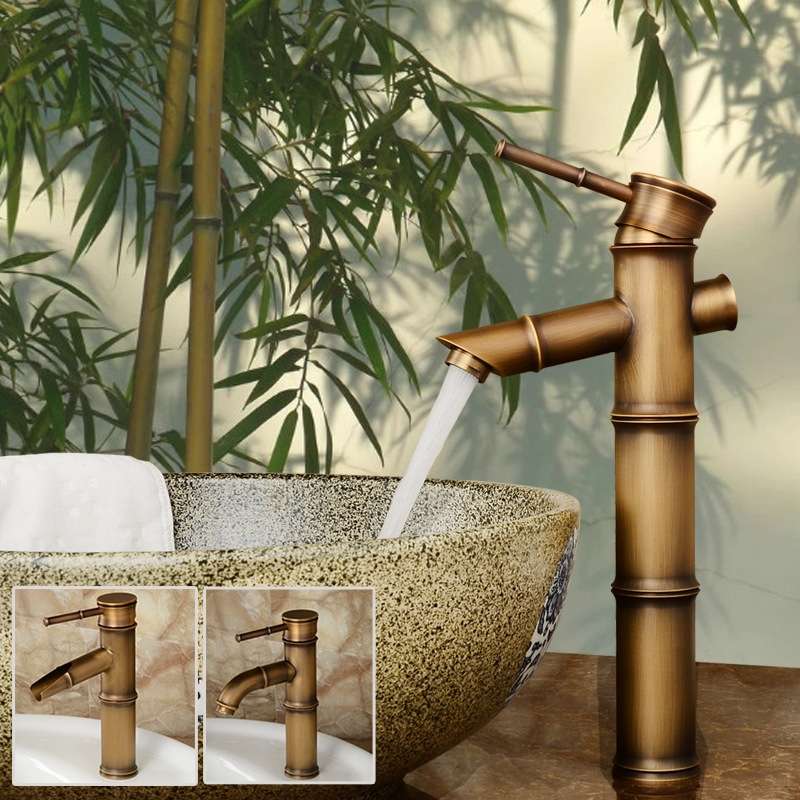 Antique Retro Hot Cold Water Bathroom Counter Basin Bamboo Waterfall Basin Copper Faucet, Specificat
