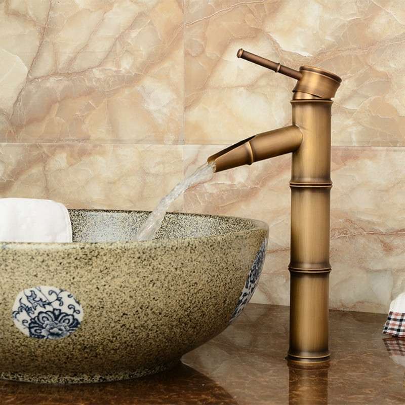Antique Retro Hot Cold Water Bathroom Counter Basin Bamboo Waterfall Basin Copper Faucet, Specificat