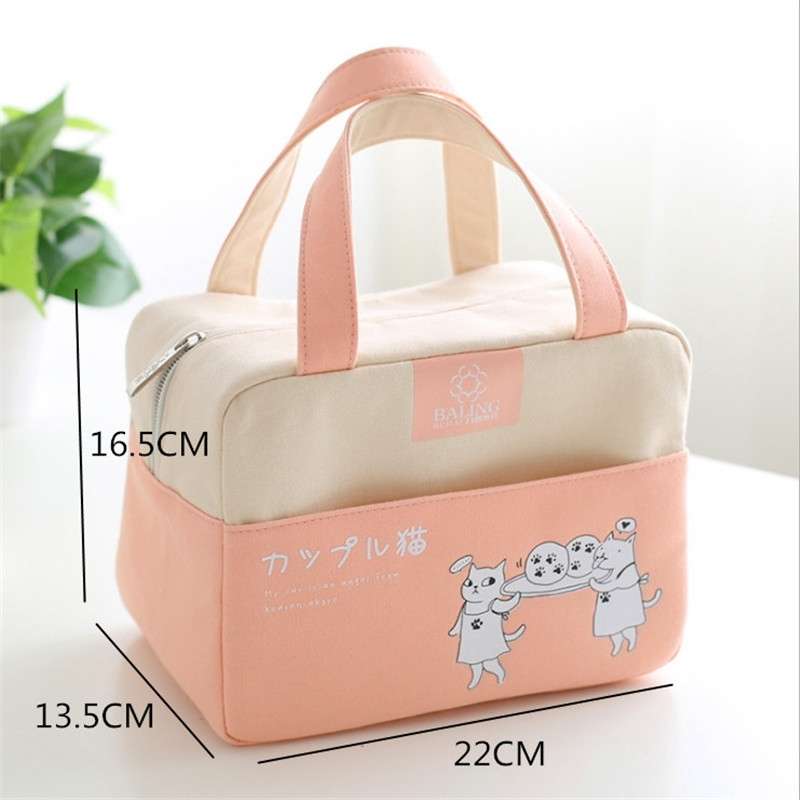 Portable Aluminum Foil Lunch Box Bag Cartoon Thick Insulation Bag Canvas Lunch Bag(Pink)