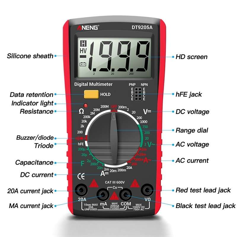 ANENG Automatic High-Precision Intelligent Digital Multimeter, Model:DT9205A HOLD Key(Red)