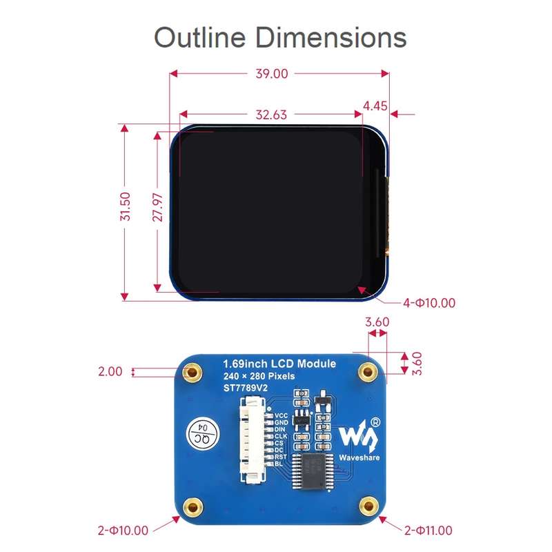 Waveshare 1.69 Inch 240280 Resolution IPS LCD Display Module With SPI Interface