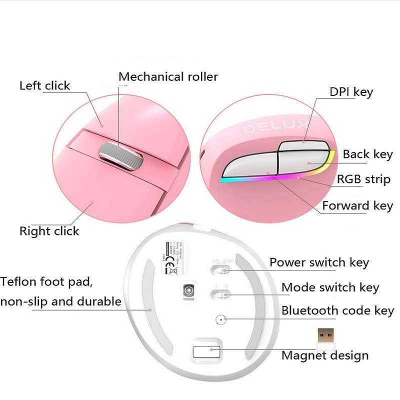 DELUX M618Mini Colorful Wireless Luminous Vertical Mouse Bluetooth Rechargeable Vertical Mouse(Class