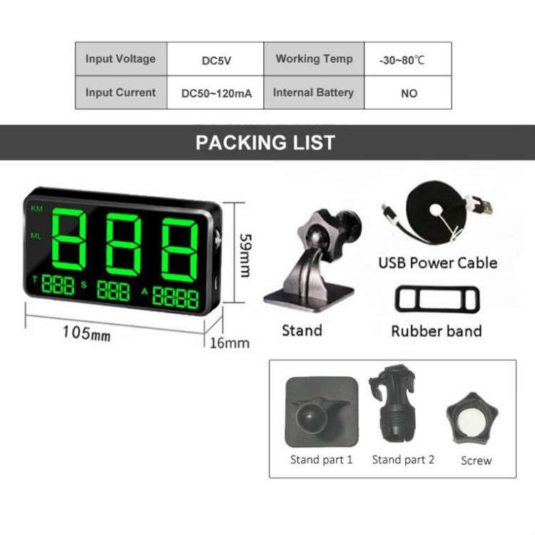 Kingneed C80 4.5inch HUD Car Head-up Display GPS Speed Meter Overspeed Alarm Mileage Altitude Clock(