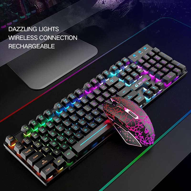 ZIYOULANG T3 Wireless Charging Gaming Lighted Keyboard and Mouse Set(Black Rainbow Light)