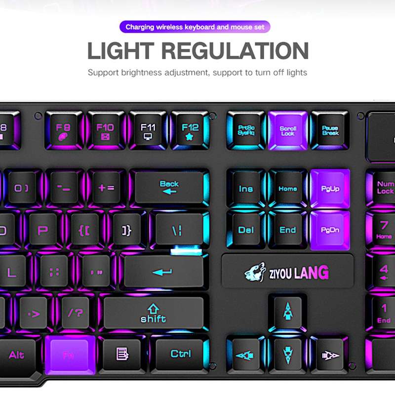 ZIYOULANG T3 Wireless Charging Gaming Lighted Keyboard and Mouse Set(Black Rainbow Light)