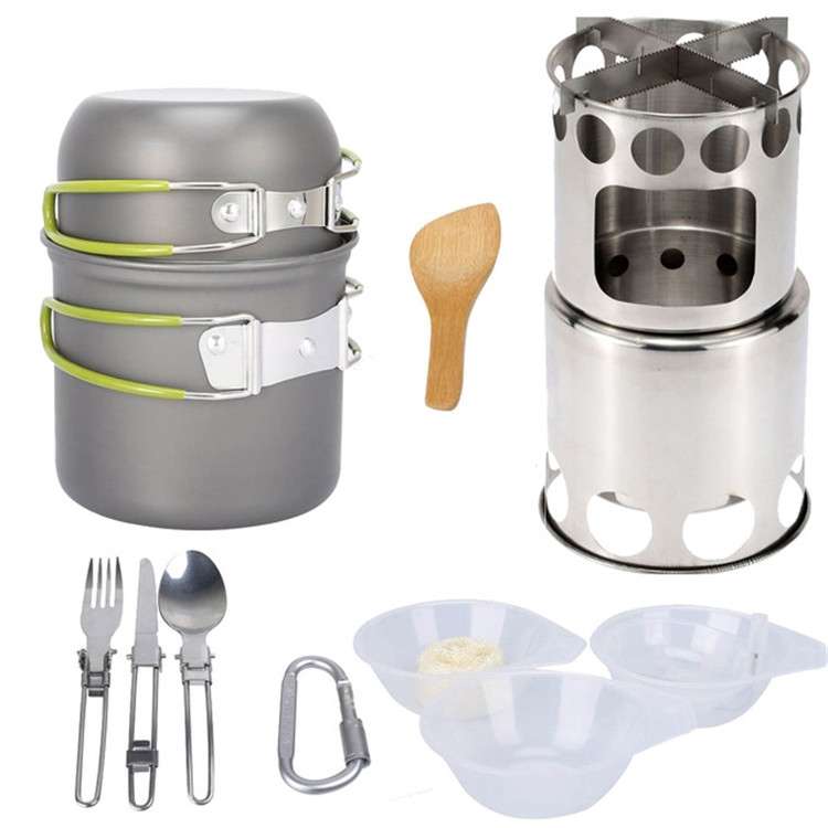 Outdoor Hiking Camping Wood Stove Set With Cutlery(Orange Handle)