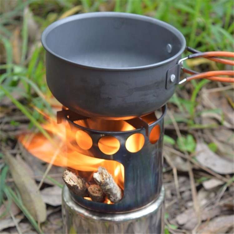 Outdoor Hiking Camping Wood Stove Set With Cutlery(Orange Handle)