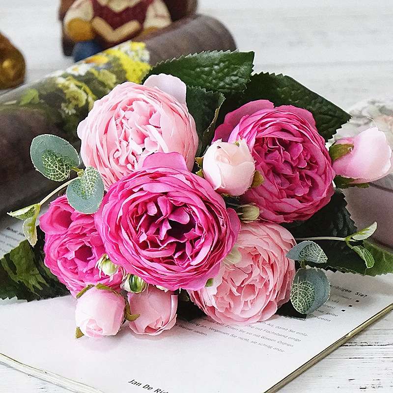 Beautiful Rose Peony Artificial Silk Flowers Small Bouquet Fores Home Party Spring Wedding Decoratio