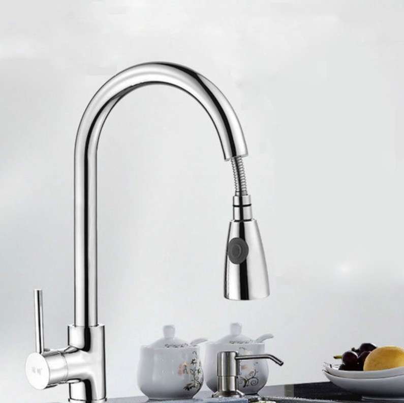 Kitchen Pull-out Faucet Hot And Cold Home 304 Stainless Steel Retractable Rotating Faucet, Style:Pla
