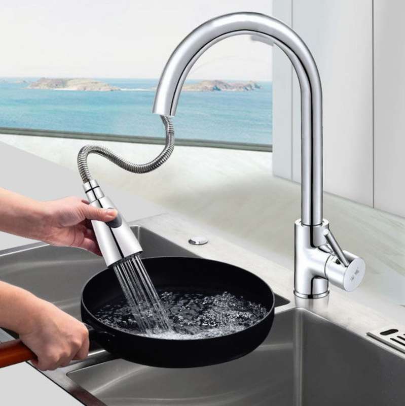 Kitchen Pull-out Faucet Hot And Cold Home 304 Stainless Steel Retractable Rotating Faucet, Style:Pla