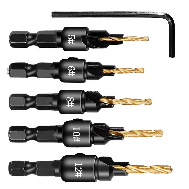 5 PCS/Set Countersink Woodworking Drill Bit Set Hexagon Screw Hardware Tool(Gold)