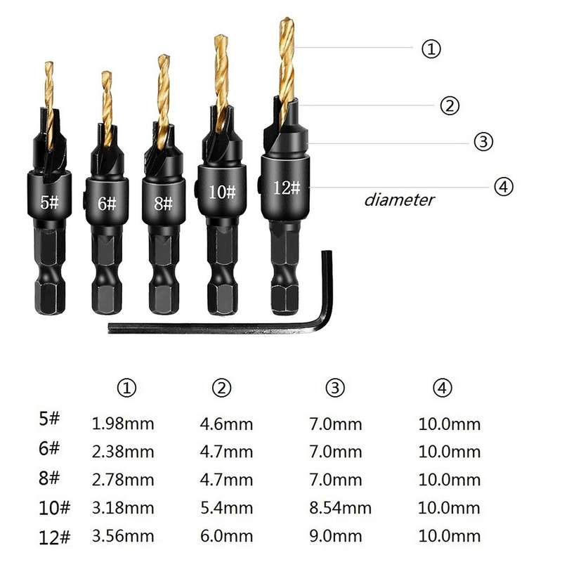 5 PCS/Set Countersink Woodworking Drill Bit Set Hexagon Screw Hardware Tool(Gold)