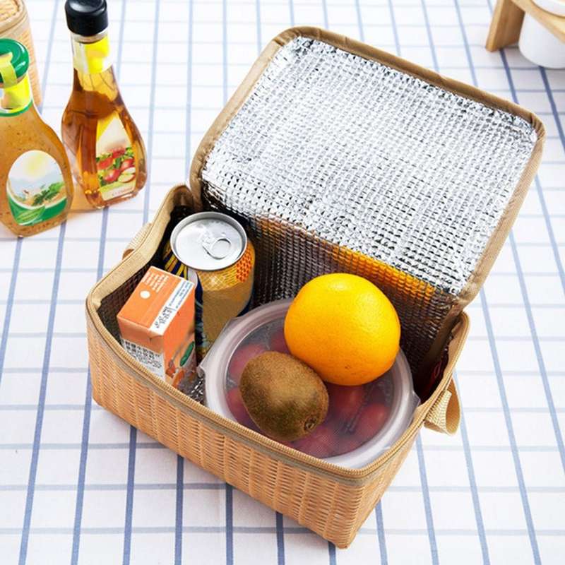 Outdoor Camping Picnic Bag Wicker Picnic Basket Case Thermal Lunch Storage Box(Khaki)
