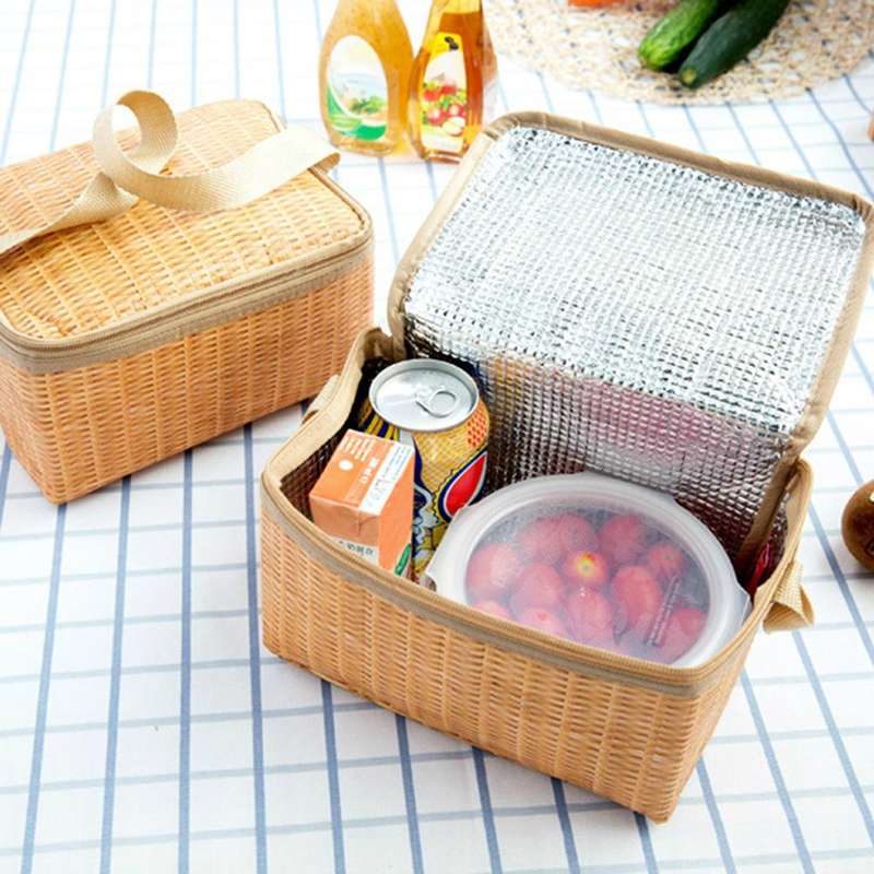 Outdoor Camping Picnic Bag Wicker Picnic Basket Case Thermal Lunch Storage Box(Khaki)
