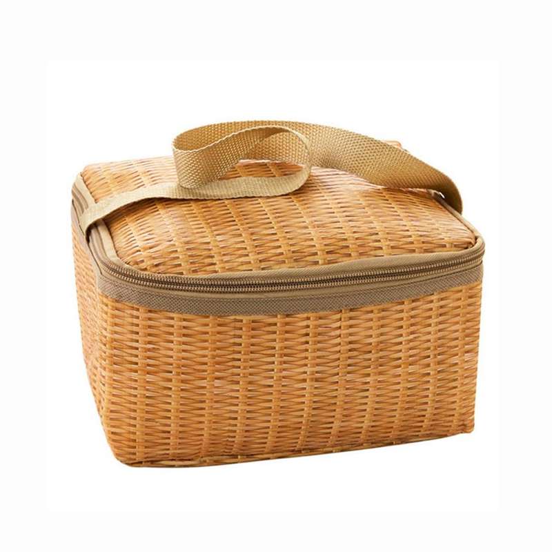 Outdoor Camping Picnic Bag Wicker Picnic Basket Case Thermal Lunch Storage Box(Khaki)