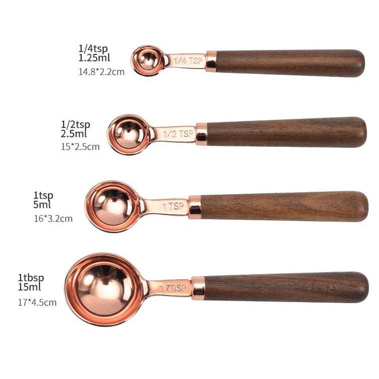 4 PCS / Set Measuring Spoon Walnut Handle Copper-Plated Kitchen Baking Tools Bartender Scale Measuri