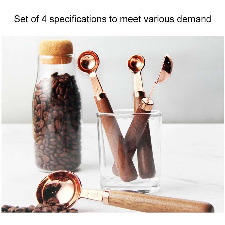 4 PCS / Set Measuring Spoon Walnut Handle Copper-Plated Kitchen Baking Tools Bartender Scale Measuri