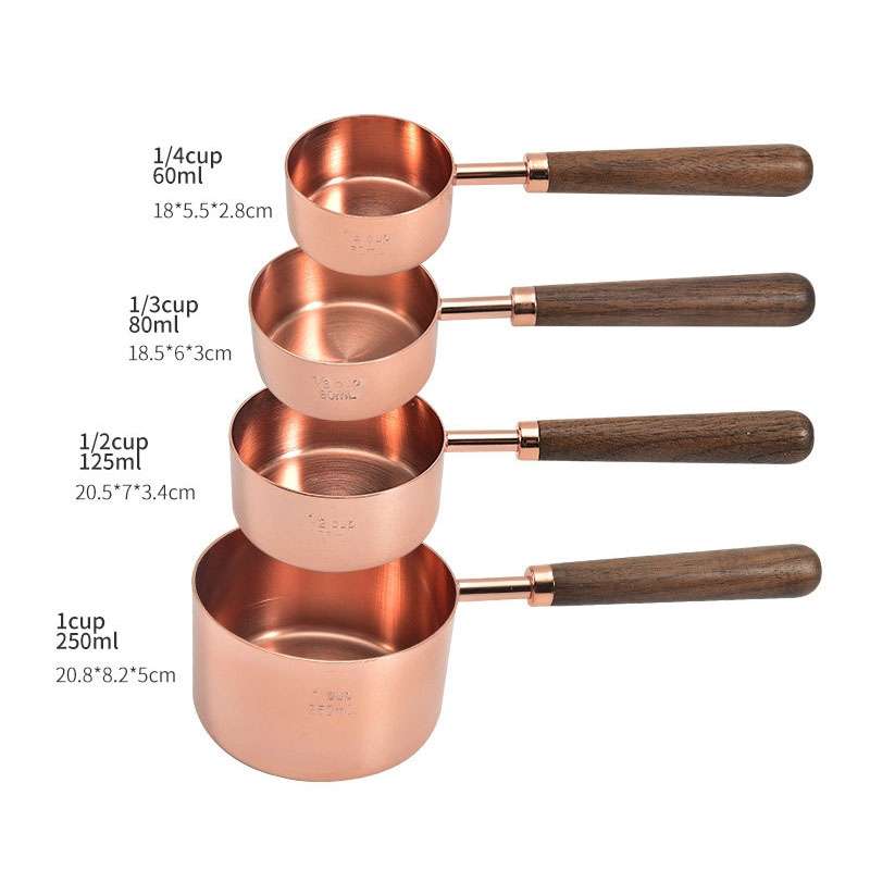 4 PCS / Set Measuring Cup Walnut Handle Copper-Plated Kitchen Baking Tools Bartender Scale Measuring