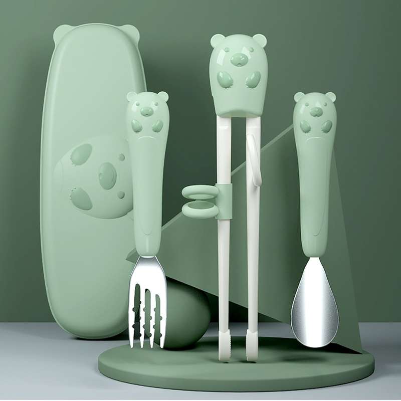 Household Baby Eating Training Chopsticks Spoon Fork Exercise Suit Kids Tableware(Green)