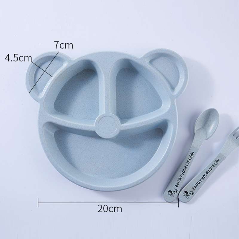 3 PCS/Set Baby Bowl+Spoon+Fork Feeding Food Tableware Cartoon Bear Kids Dishes Eating Dinnerware(Blu