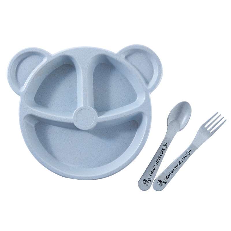 3 PCS/Set Baby Bowl+Spoon+Fork Feeding Food Tableware Cartoon Bear Kids Dishes Eating Dinnerware(Blu