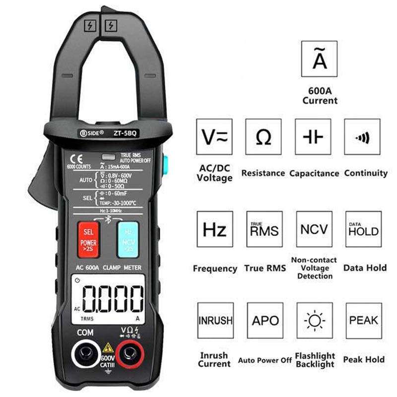 BSIDE Bluetooth 5.0 6000 Words High Precision Smart AC Clamp Meter, Specification: ZT-5BQ+C3140 Cli