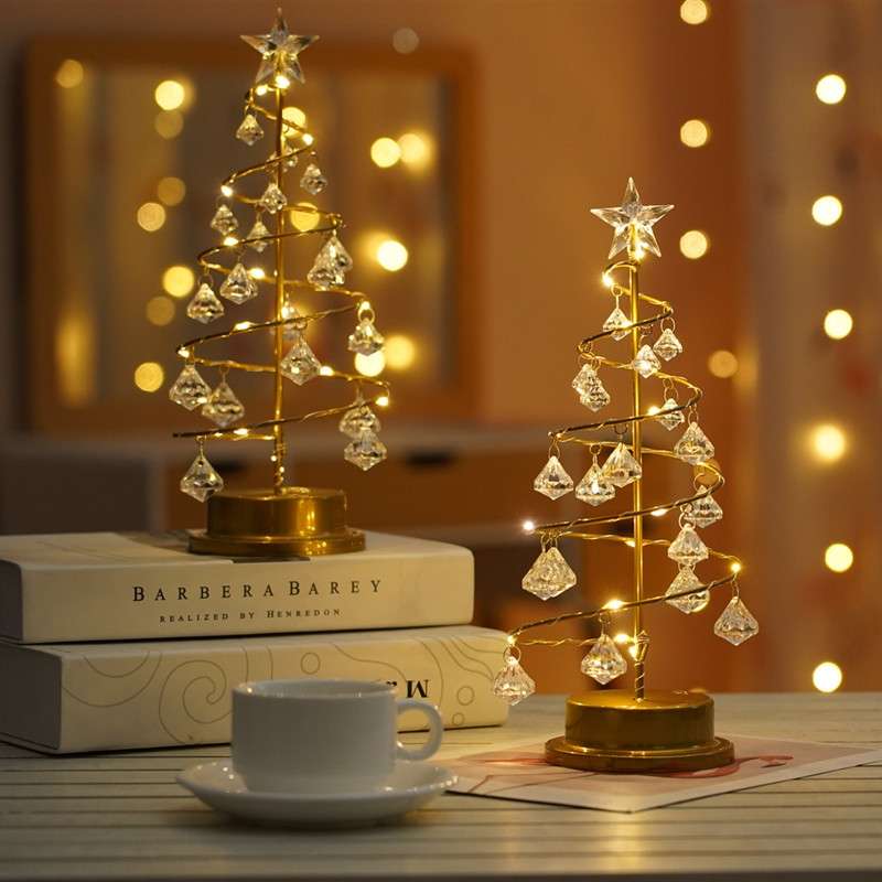 LED Wrought Iron Night Light Crystal Christmas Tree Light Room Decoration Small Table Lamp