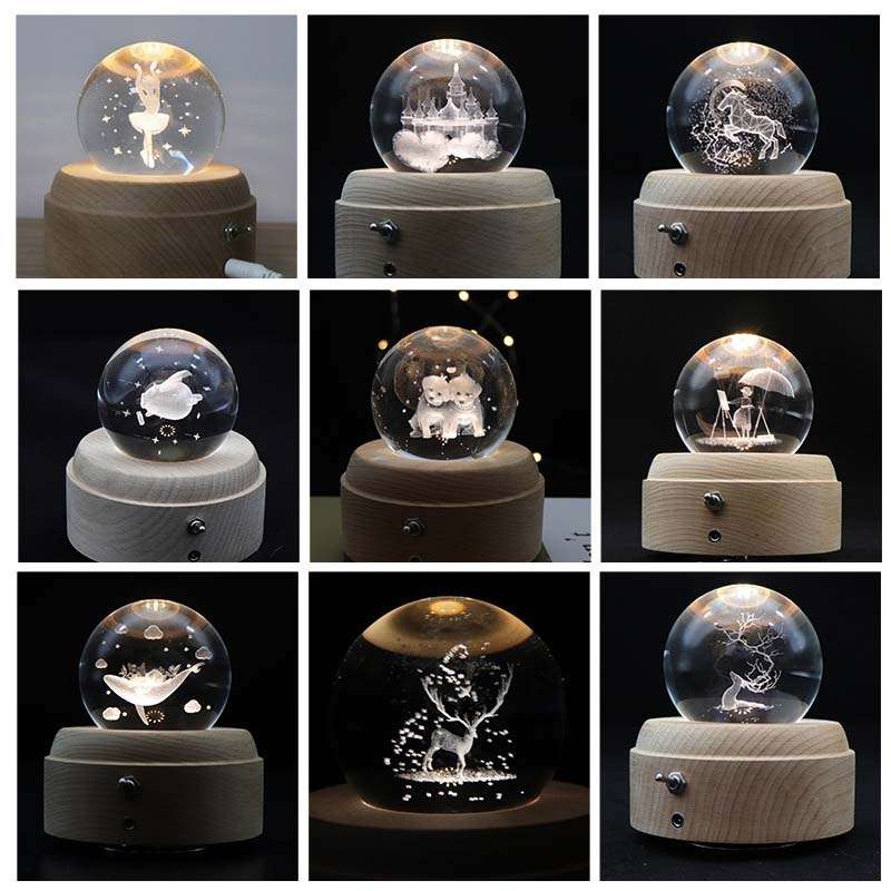 Girl Bedside Lamp Crystal Ball Wooden Base Music Box Charging Glow Rotating Night Light, Random Musi