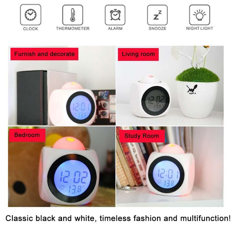 Multi-function LED Projection Alarm Clock Voice Talking Clock, Specification:Black + USB cable