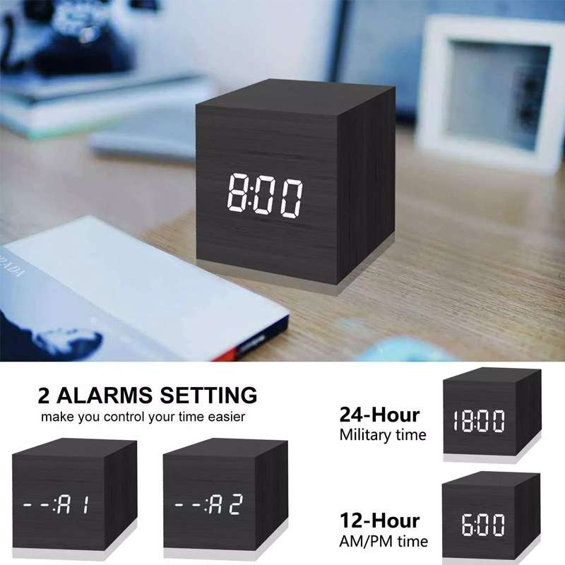 Multicolor Sounds Control Wooden Clock Modern Digital LED Desk Alarm Clock Thermometer Timer Black W