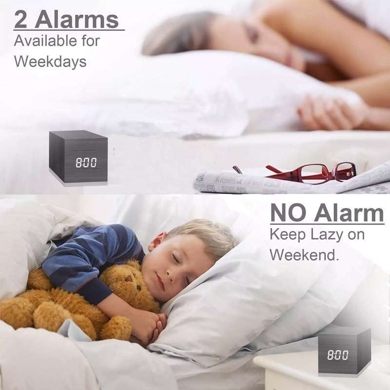 Multicolor Sounds Control Wooden Clock Modern Digital LED Desk Alarm Clock Thermometer Timer Black W