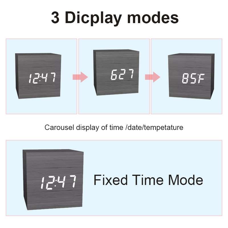 Multicolor Sounds Control Wooden Clock Modern Digital LED Desk Alarm Clock Thermometer Timer Black W