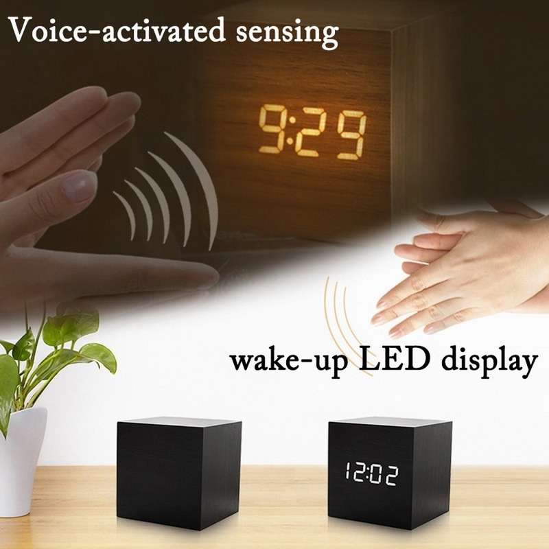 Multicolor Sounds Control Wooden Clock Modern Digital LED Desk Alarm Clock Thermometer Timer White G