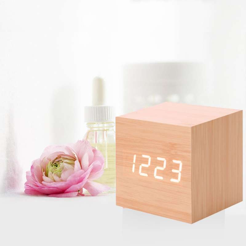 Multicolor Sounds Control Wooden Clock Modern Digital LED Desk Alarm Clock Thermometer Timer Wooden