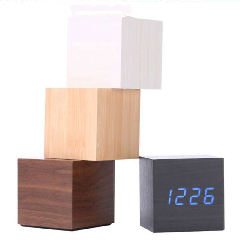 Multicolor Sounds Control Wooden Clock Modern Digital LED Desk Alarm Clock Thermometer Timer White G